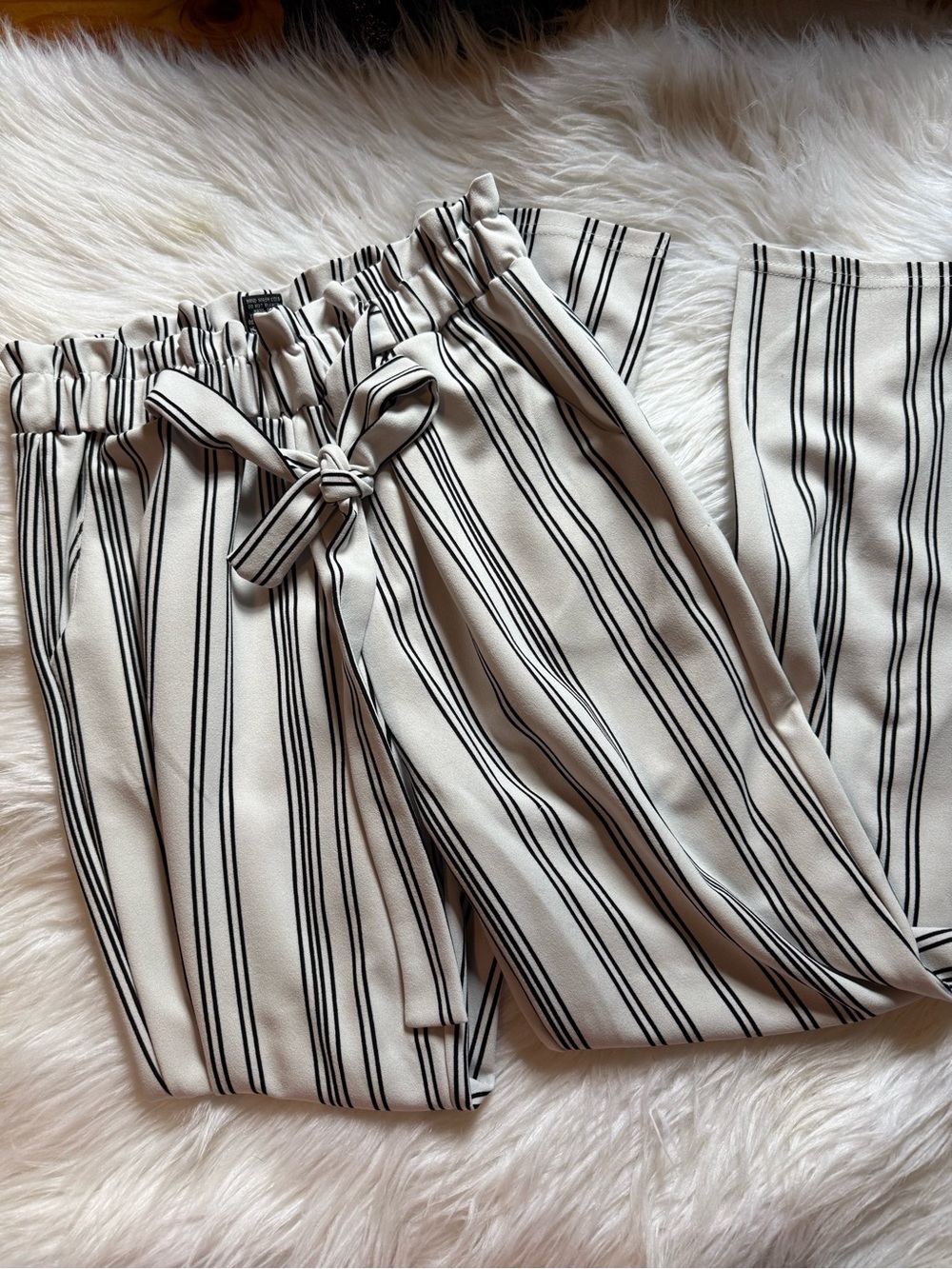 Soho Apparel Cream and Black Striped Paperbag Waist Pants